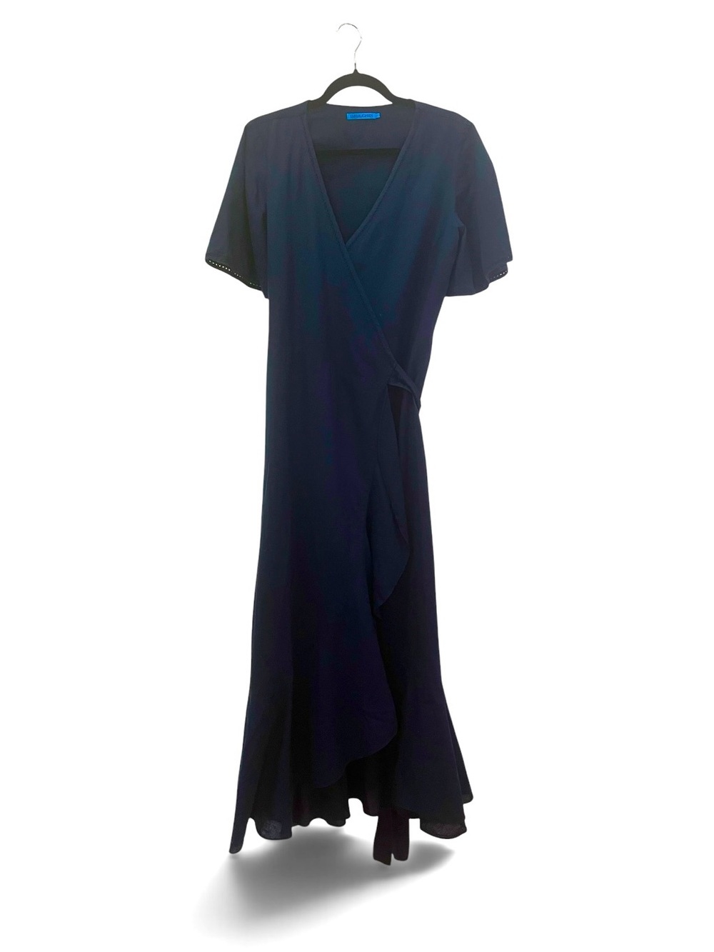 J. McLaughlin Navy Blue Linen Cotton Real Wrap Ruffle Maxi Dress Size S
